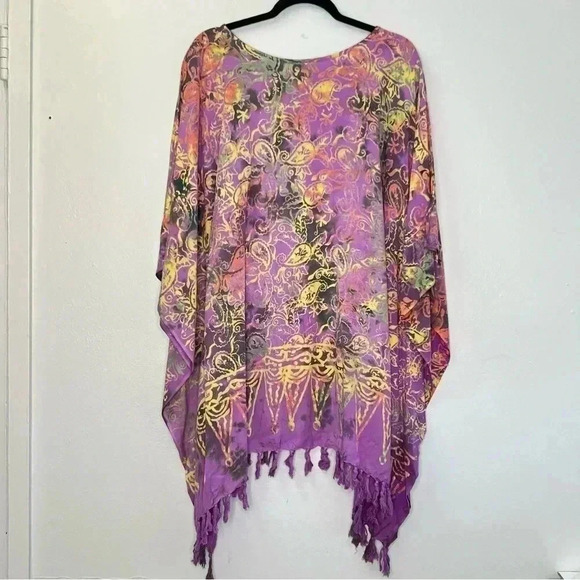 Hand Made Corful Paisley Geometric Print Fringed Poncho‎ Kimono Cover Up OS - Picture 2 of 7
